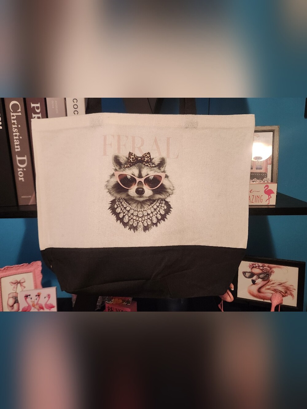 Raccoon Graphic Tote Bag with Pink Accents. Hand Crafted